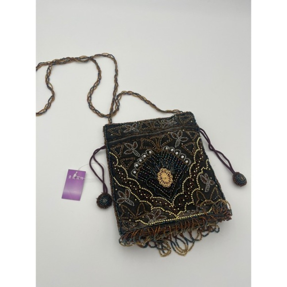 Vintage Style Beaded Crossbody Bag with Fringe and Tassels Black Gold